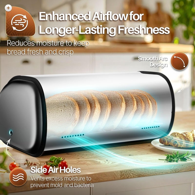 Flexzion Stainless Steel Bread Box For Kitchen Countertop (17 inch) Metal Roll Up Top Lid Storage Container Bin Keeper for Cake Buns Toasts Loaves Pastries Pancakes, Ideal for Restaurant Home Kitchen - Image 4